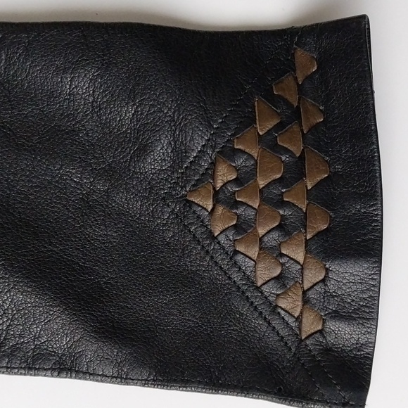 BLACK LEATHER GLOVE SILK LINING CARAMEL BRAID ITALY Classy Lady - Picture 6 of 9